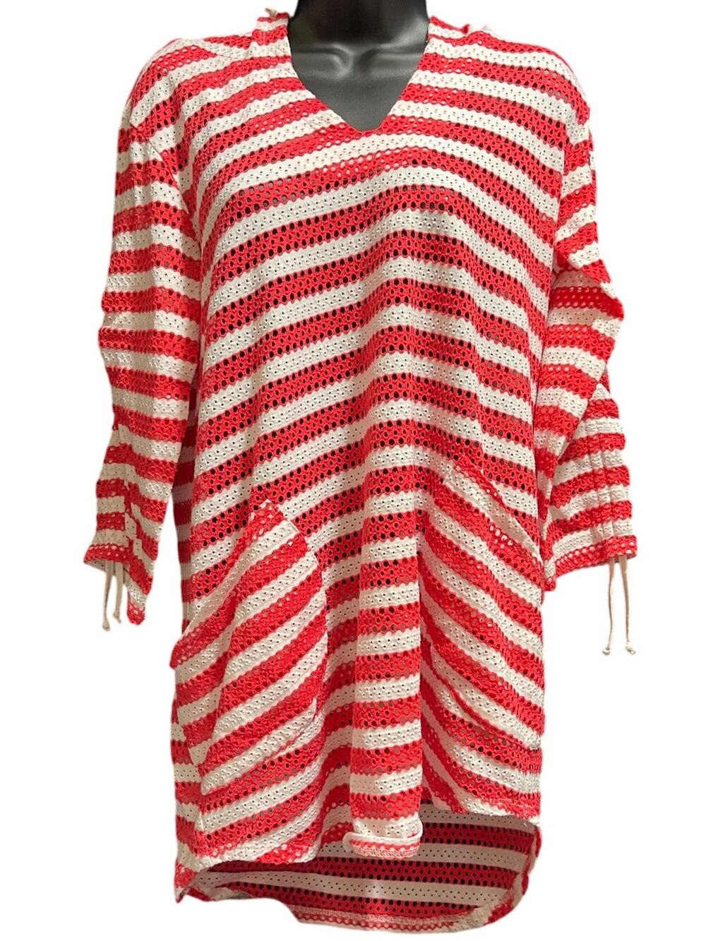 Forcynthia Beachwear Size Small Red & White Striped Open Knit Hooded Sweater